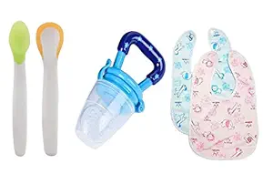 Manan Shopee Silicone Baby Food & Fruit Nibbler Feeder, Baby Soft Waterproof Bib & Color Changing Temper Heat Sensor Spoon Combo (Blue)
