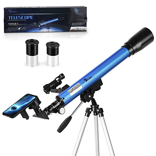 TELMU Télescope Astronomique - F60050M/5 Télescope réfracteur avec 45 ° Miroir Diagonale et Red Dot Observer, oculaire - H 12,5 mm et H 20 mm, Cadeau pour débutants et Enfants
