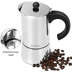 Godmorn Cafetière Italienne pour 300ml 6 Tasses de café aromatique, cafetière pour Plaque à Induction, ou vitrocéramique etc, Moka en Acier Inoxydable 430 argenté.