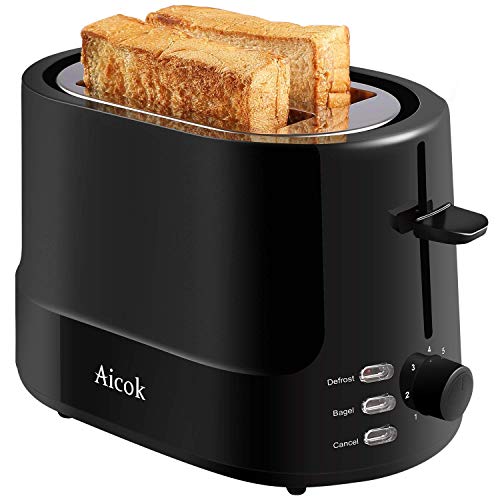 Aicok Tostadora 850W Tostadora Pan con 7 Niveles de Browning, Tostadora 2 Ranuras Anchas y Funciones de Descongelación y Recalentamiento, Pared Fria, Libre de BPA