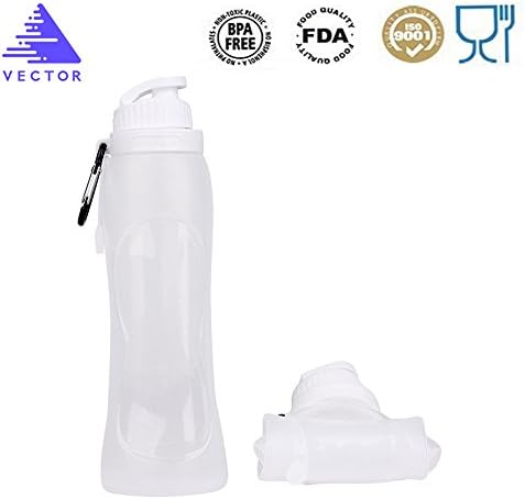 VECTOR OUTDOOR 500ml 17Oz Foldable Silicone Sport Water Bottle with Hook Can be Frozen Fill Boiling Water BPA-Free FDA Approved for Cross-country Running Cycling Hiking Camping White