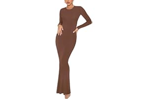 REORIA Women's Sexy Crew Neck Lounge Long Dress Elegant Long Sleeve Ribbed Bodycon Maxi Dresses