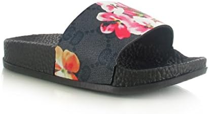 Chockers Shoes Kids Childrens Slider Sandal Slip On Shoe Faux Fur Diamante Diamond (28 EU/UK 10, Black Floral)