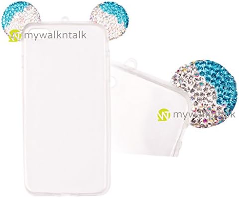 3D Bling Mickey Mouse Ears Shiny Glitter Crystal Diamond Back Case Cover Transparent Soft TPU With Free Neck Strap For Apple iPhone 6 - Silver and Blue