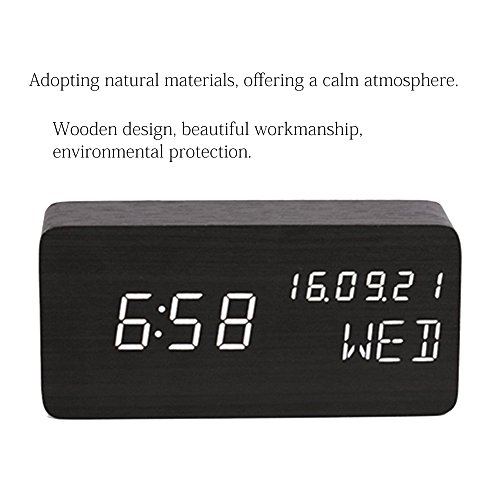 Holz LED-Design Digitaler Wecker, Datum Temperatur und Feuchtigkeitsanzeige, Sound-Sensor Wecker, 3 Stufen LED Helligkeit (Hölzernes Schwarz) - 5