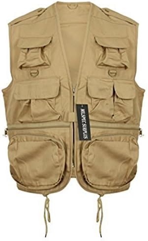 Men's Multi-Pocket Outdoor Fishing Hunting Utility Vest Waistcoat Gilet Jacket (Small, Beige)