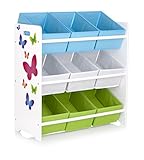 Leomark Holzregal, Regal für Spielzeug. Motiv: Schmetterlinge. Aufbewahrungsregal, Spielzeugregal, Kinderregal, Spielzeugablage mit 9 Schubladen