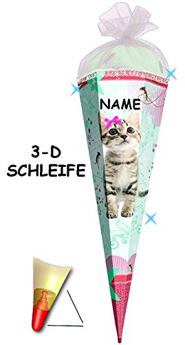 3-D Effekt _ ! – Schultüte – “ süße Kätzchen – Katze “ – 70 / 85 cm – rund – 6 eckig – Deko-Schleife / Rüschen & Organza / Filz – Abschluß – Zuckertüte Roth – mit Holzspitze – für Mädchen / Geschenktüte – Miezekatze / Haustiere – Tiere – Maus - 4