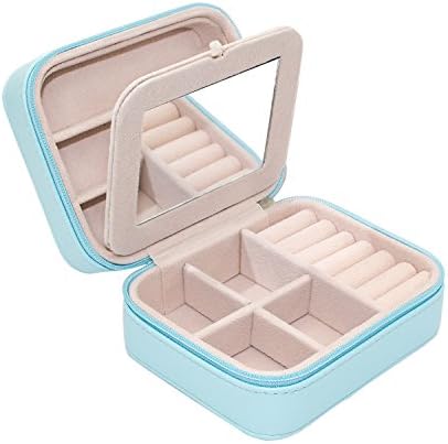 Small PU Leather Travel Jewelry Box Organizer with Mirror & Detachable slots (blue)