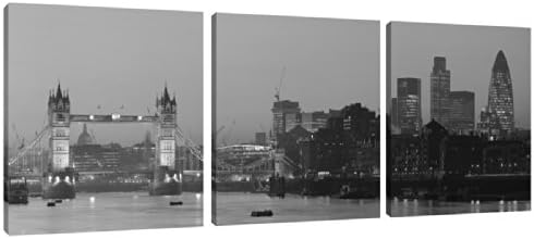 Tower Bridge London City Sunset Mono Canvas Print - 3 Panel Split Panorama stretched and mounted around three 14 inch (36cm) square wooden frames by Pixel Zone