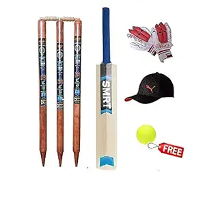 SMRT Nylon and Wooden Small Boys Cricket Set for Kids with Cap and Gloves and Free Tennis Ball with This Combo, Multicolour