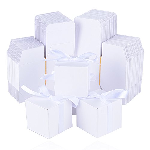 100 Stk. weiß Gastgeschenk Box inkl. Seidenbänder 5x5x5 cm Geschenkbox für Hochzeit, Taufe, Party usw. Pralinenschachtel süßigkeiten Bonboniere - 5