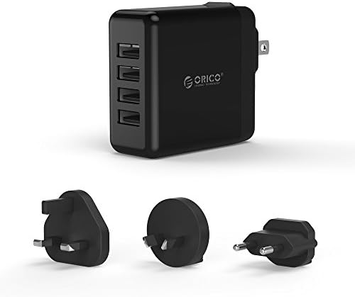 ORICO 4-Port USB Wall Charger (34W/6.8A) with UK / EU / US / AUS Plugs for Mobile Phones, Tablets, and Other USB Devices - Black