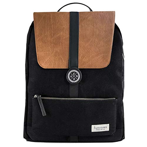 Preisvergleich Produktbild Rucksack Lissabon braun - schwarz, Wasserabweisender Canvas / veganes Kunstleder / groß / Laptop Notebook 15,6 Zoll / DIN A4 Ordner / für Schule, Arbeit, Uni, Reisen