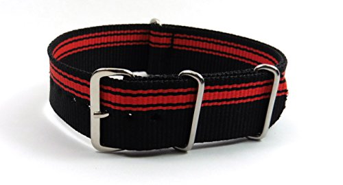 Herzog Outdoor, Nylon Uhrarmband 20mm, schwarz-rot, Nato Military Strap, Durchzugsband mit 3 Metallschlaufen. Herzog Outdoor, Nylon Uhrarmband 20mm, schwarz-rot, Nato Military Strap, Durchzugsband mit 3 Metallschlaufen.