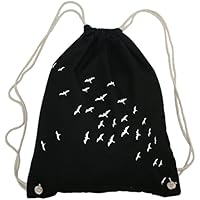 Turnbeutel Vögel, schwarz, Vogelschwarm, Hipster Beutel, Tragetasche, Gymsac, Stringbag, Drawstring, Jutebeutel, Tasche, Rucksack, Handsiebdruck, weiß