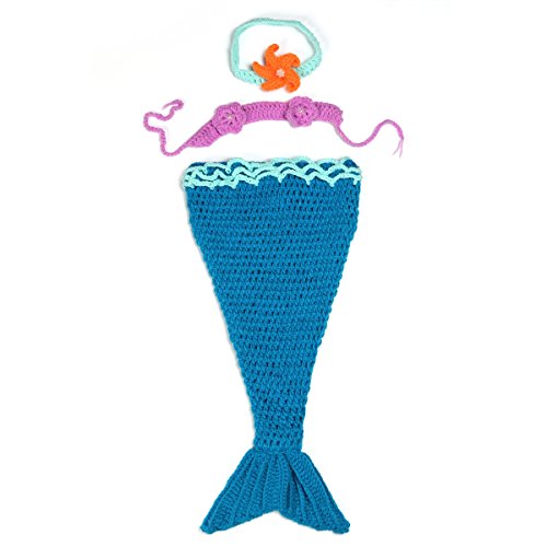 Cute Cartoon Mermaid Style Baby Infant Newborn Hand Knitted Crochet Hat Costume Baby Photograph Props Set (Blue)