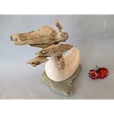 Treibholz Skulptur Vogel mit Keramik Figur auf Naturstein, Statue mit Schwemmholz und Ton, ca. 20 x 25 cm, Unikat Designer-Stück