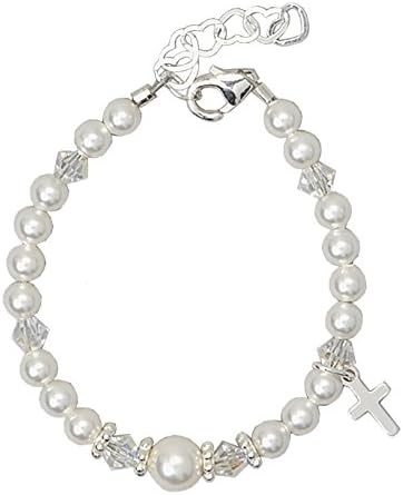 Crystal Dream Christening White Swarovski Simulated Pearls and Crystals, Sterling Silver Cross Charm Keepsake Girl Infant Bracelet (BCRS_M+)