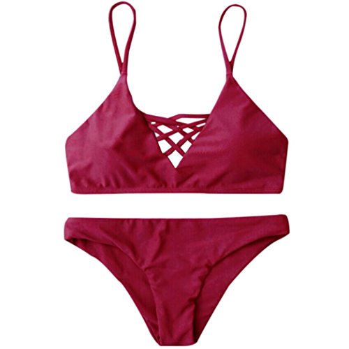 Damen Bikini-Set Internet Triangle Bikini Set Bandage Push-Up Badeanzug (M, rot)