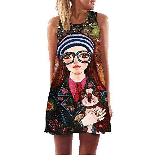 binglinshang Femmes Mini Robe De Plage Femme D'été Robe sans Manches 2019 Mode Fille Chien Imprimé Vintage Boho Robe Casual Femmes Vêtements, XL