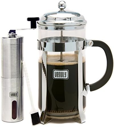 French Press Coffee Maker &amp; Burr Grinder Bundle, Double Filter Glass/Stainless Steel Chrome Maker &amp; Manual Conical Grinder - 8 Cups - by Venoly