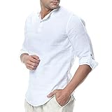 Diseño: EU-Tamaño,Hombre Camisa de Lino Casual Transpirable Top de Manga Larga Camisas Sin Cuello de Color Sólido Blusas de Trabaj, personalidad y deberías probarlo