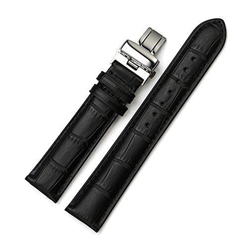 iStrap 20mm Echt Rindleder Uhrband Armband Watch band mit Edelstahl Faltschliesse Shwarz