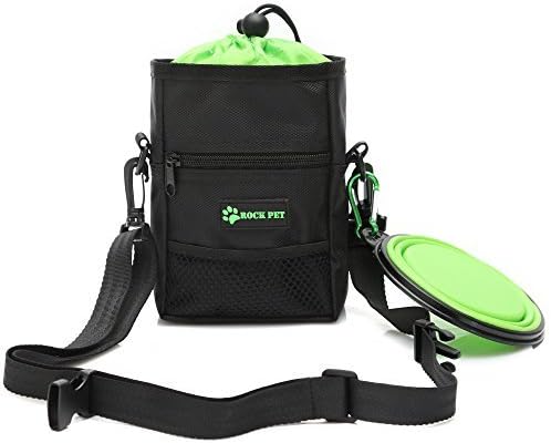 Dog Treat Bag with Shoulder Strap &amp; Belt Clip - Dog Training Treat Pouch with Collapsible Travel Food Water Pet Bowl (Black)