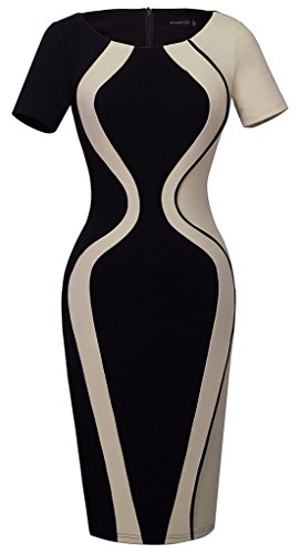 HOMEYEE Robe Crayon Mesdames Vintage Affaires avec Robe Manches Moulant B315(EU 38 = Size M,Noir + Abricot)