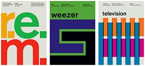 3 x Swissted Prints - Set 8 - Contemporary Minimalist Swiss Graphic Design. R.E.M, Weezer, Television, Superchunk, Built Spill Band art