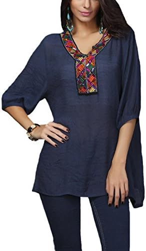 FANOVI Women's Bohemian Embroidered Blouse Semi Sheer Shirt Tunic Tops One Size (One Size, Dark Blue)