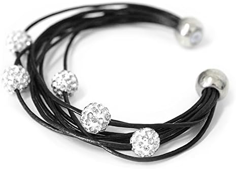 Leather bracelet Shamballa bracelets magnetic clasp bracelet with 5 rhinestone balls "Black" NEW