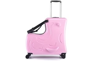 AO WEI LA OW AOWEILA Hardside Ride on Kids Luggage with 4 Spinner Wheels for Girls and Boys, Rolling Childrens Travel Suitcase with Seat and Safety Belt for Toddler Ages 2-12, Sweet Pink, 20-Inch Carry-On for Most