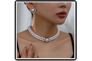 FARUODIS 4Pcs Pearl Strands Wedding Necklace Earrings Set Bridal French Crystal Choker Necklace Ring Sets Rhinestone Vintage French Collar Necklace Chain Jewelry for Women
