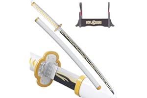 REPLIKSWORD Demon Slayer Katana Tout en Bois Lame en Bois Sabre Zenitsu Epee Replique Sabre Decoration Replique Epee Cosplay + Presentoir Inclus