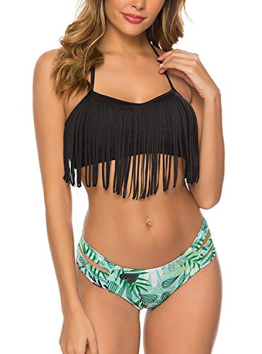 TRENDOUX Badeanzüge für Damen, Retro-Bikini-Quasten-Ausschnitt, zweiteilig, wasserfest - Schwarz - Small
