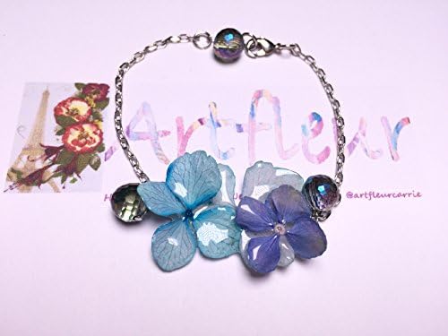 Hydrangea Bracelet, Handmade Bracelet made of real flowers blue Hydrangea with symphony flash beads , Real flower jewelry gift for her