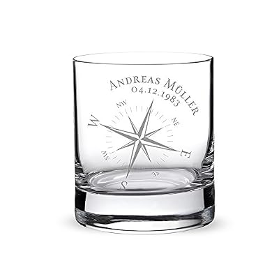 Amavel Verre à Whisky avec gravure personnalisée [NOM] et [DATE] - Boussole - Tumbler - Idée cadeau anniversaire - Cadeau homme - Cadeau papa - Fête des pères - Cadeau anniversaire - Cadeau Noël - Volume de remplissage : 320 ml