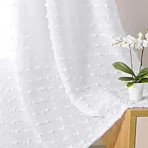 Guken Semi Sheer Curtains 63 Inch Length for Bedroom Set 2 Panels Voile Half Window Drapes White Pompom Curtains for Teens Kids Girls Boys Room Baby Nursery