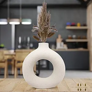 INDULGE HOMES - White Donut Vase | Flower Vase | Pampas Grass Vase | Ceramic Vase | Round Shaped Vase | Home Decor Centrepiece | Decor Showpiece 6 Inches (Pack of 1)