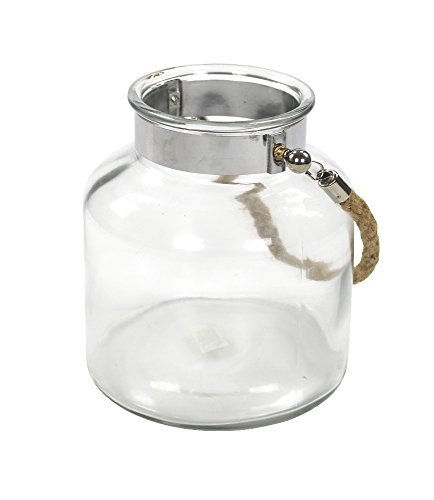 Echtglas-Laterne mit Metallrand und Seil-Griff natur groß