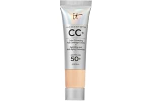 IT Cosmetics CC+ Crème, Fond de Teint Haute Couvrance SPF 50, Correcteur de Teint & Sérum Anti-Âge, Enrichi en Niacinamide & Acide Hyaluronique, Fini Naturel, Tous Types de Peau, 12 ml, Light Medium