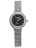 Alienwork Damen-Armbanduhr Quarz Silber mit Edelstahl Metallarmband schwarz Strass-Steinen Ultra-flach Slim-Uhr