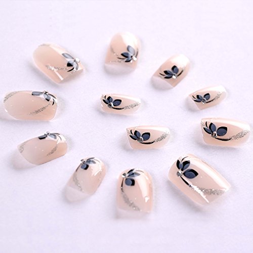 Bling Art False Nails Französisch Maniküre schwarz Weiß Blume 24 Mittel Tipps UK - 9