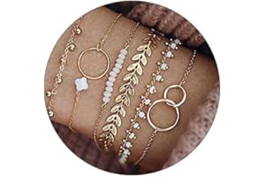 Branets Lot de 5 bracelets perles à main argent avec leaf et circle bracelet chaîne de main pour femmes et filles