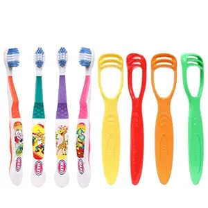 MAXI Oral Care Junior Pack of 8-(4 Kids) Dolls Junior Toothbrush & (4 TC) 1 Number Tongue Cleaner