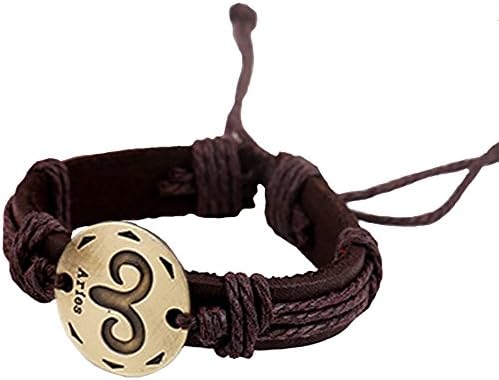 Doitory Men Punk Vintage Alloy Twelve Constellation Tag Leather Rope Bracelet(Aries)