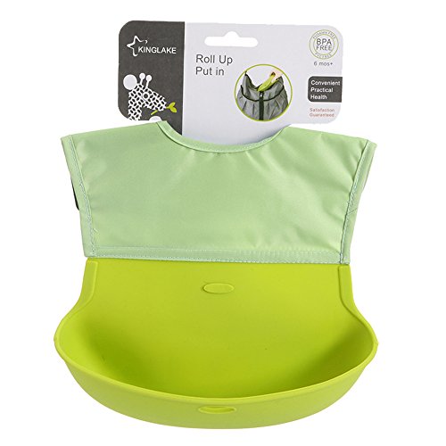 G2Plus Silicone Baby Bibs Portable Toddler Bib Soft Food Catcher Feeding Pocket Foldable for Diaper Bags (Green)