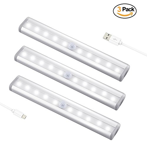 Preisvergleich Produktbild Tomone 10 LED Bewegungsmelder Nachtlicht,USB Kabellose Wiederaufladbar Schranklicht Kleiderschrank Lampe Für Kabinett Waschraum Küche (Silber-Weiß)